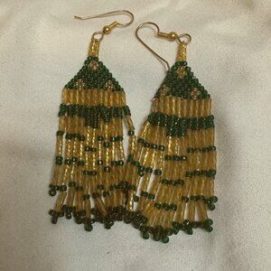 Vintage Style Throwback Green & Gold Beaded Boho Drop Earrings - Hand…